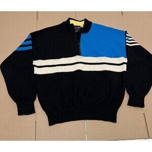 Demetre Vintage Virgin Wool 1/4 Zip Sweater Black Blue White Striped Mens M